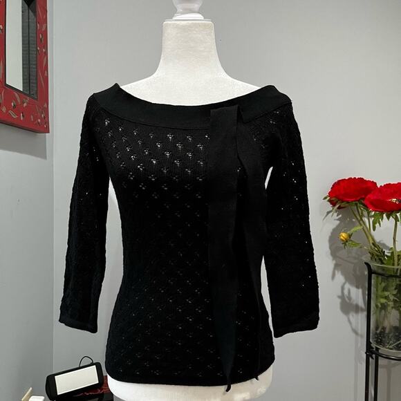 NEW Arden B. Wool Open Weave Knit Patterned Bow Tie Boatneck Fitted Sweater NWT - Picture 4 of 12